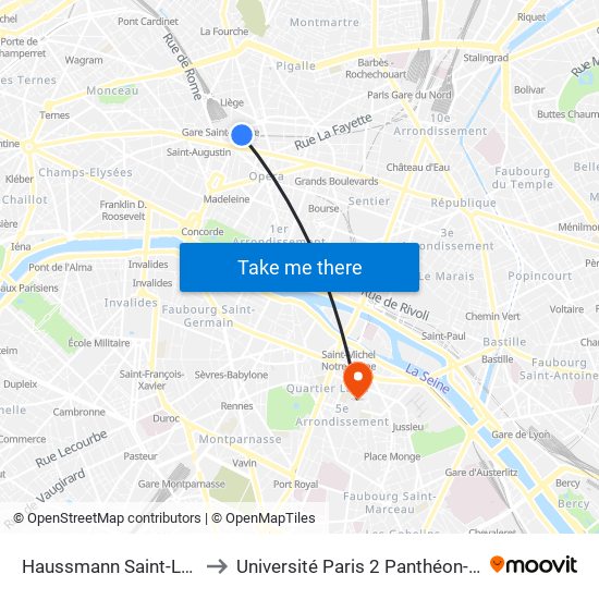 Haussmann Saint-Lazare to Université Paris 2 Panthéon-Assas map