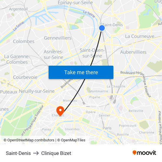 Saint-Denis to Clinique Bizet map