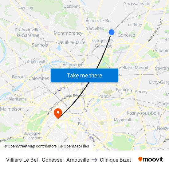 Villiers-Le-Bel - Gonesse - Arnouville to Clinique Bizet map