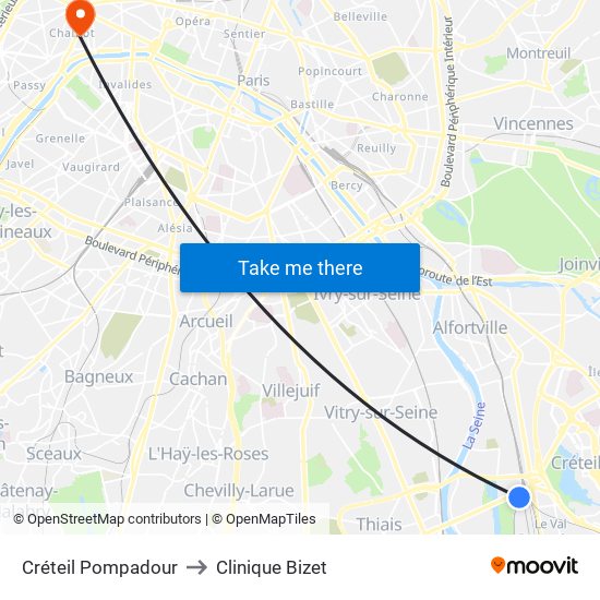 Créteil Pompadour to Clinique Bizet map