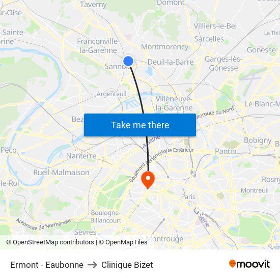 Ermont - Eaubonne to Clinique Bizet map