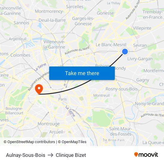 Aulnay-Sous-Bois to Clinique Bizet map