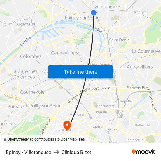 Épinay - Villetaneuse to Clinique Bizet map