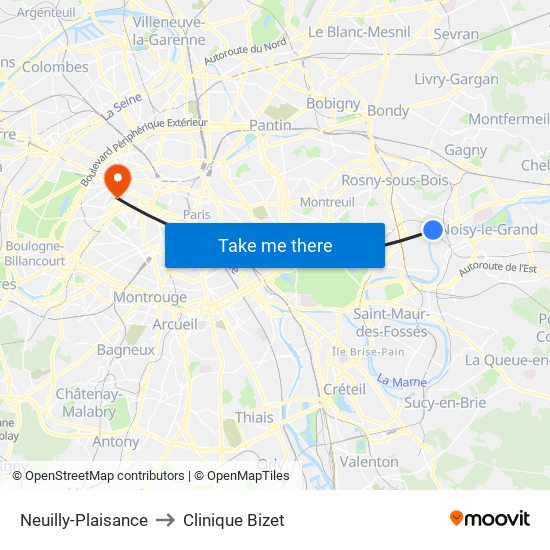 Neuilly-Plaisance to Clinique Bizet map