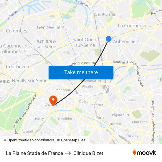 La Plaine Stade de France to Clinique Bizet map