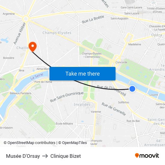Musée D'Orsay to Clinique Bizet map