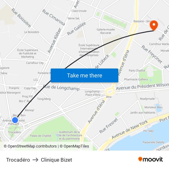 Trocadéro to Clinique Bizet map