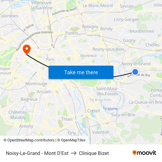 Noisy-Le-Grand - Mont D'Est to Clinique Bizet map