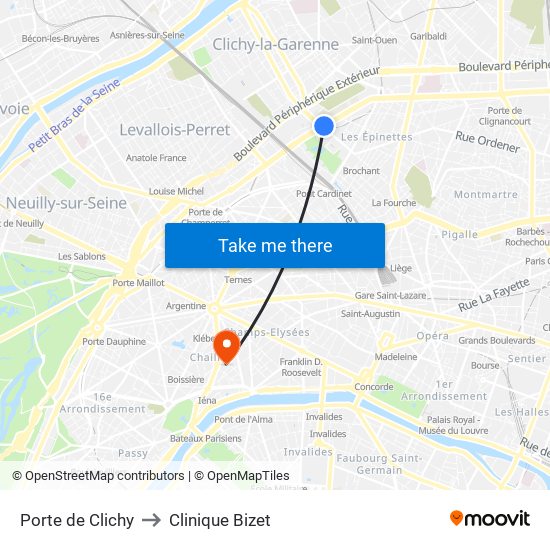Porte de Clichy to Clinique Bizet map
