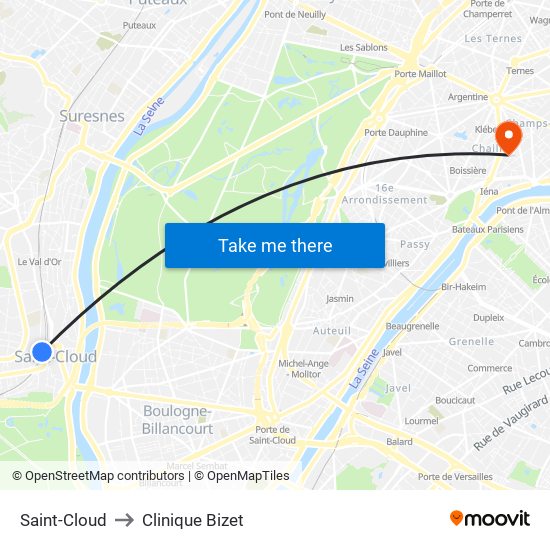 Saint-Cloud to Clinique Bizet map