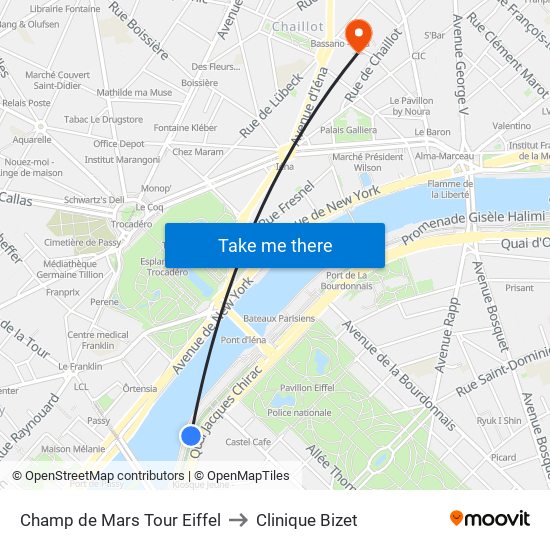 Champ de Mars Tour Eiffel to Clinique Bizet map