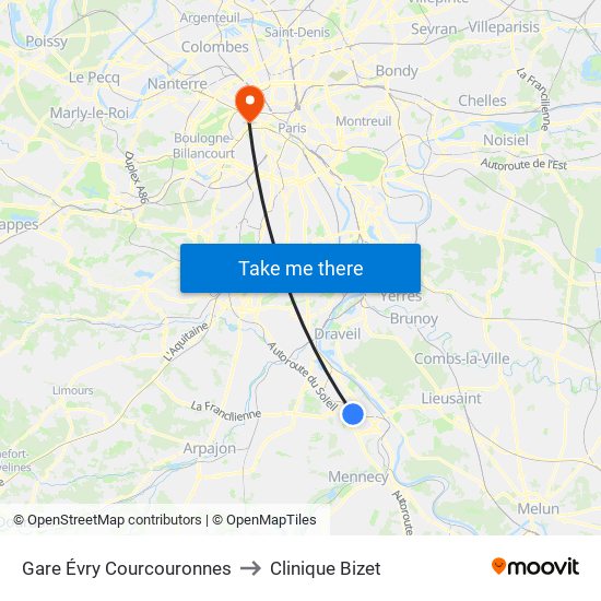 Gare Évry Courcouronnes to Clinique Bizet map