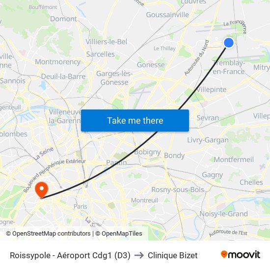 Roissypole - Aéroport Cdg1 (D3) to Clinique Bizet map