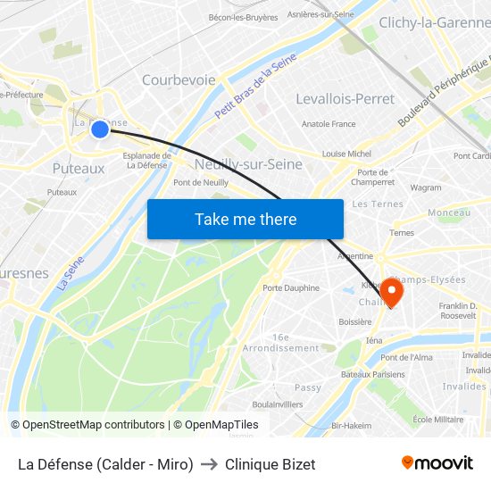 La Défense (Calder - Miro) to Clinique Bizet map