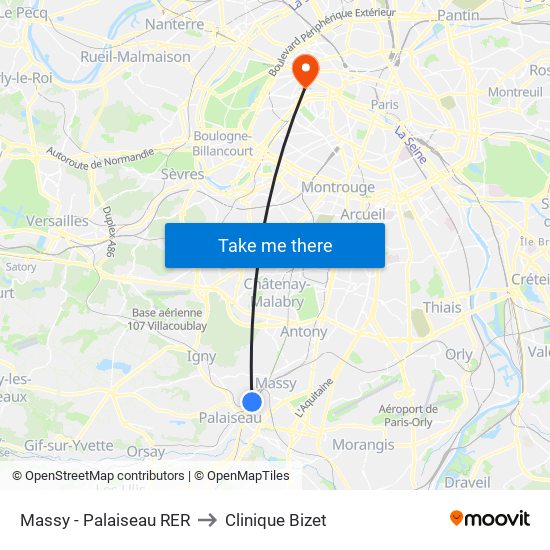 Massy - Palaiseau RER to Clinique Bizet map