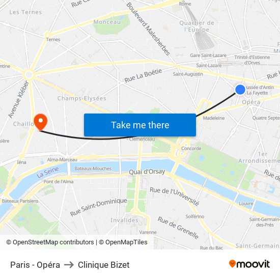 Paris - Opéra to Clinique Bizet map