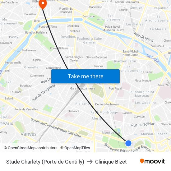 Stade Charléty (Porte de Gentilly) to Clinique Bizet map