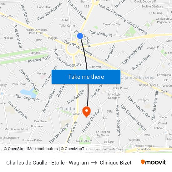 Charles de Gaulle - Étoile - Wagram to Clinique Bizet map