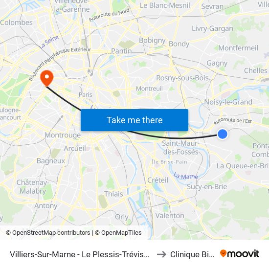 Villiers-Sur-Marne - Le Plessis-Trévise RER to Clinique Bizet map