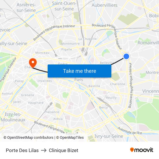 Porte Des Lilas to Clinique Bizet map