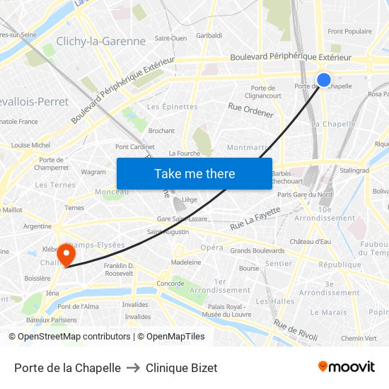 Porte de la Chapelle to Clinique Bizet map