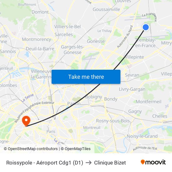 Roissypole - Aéroport Cdg1 (D1) to Clinique Bizet map