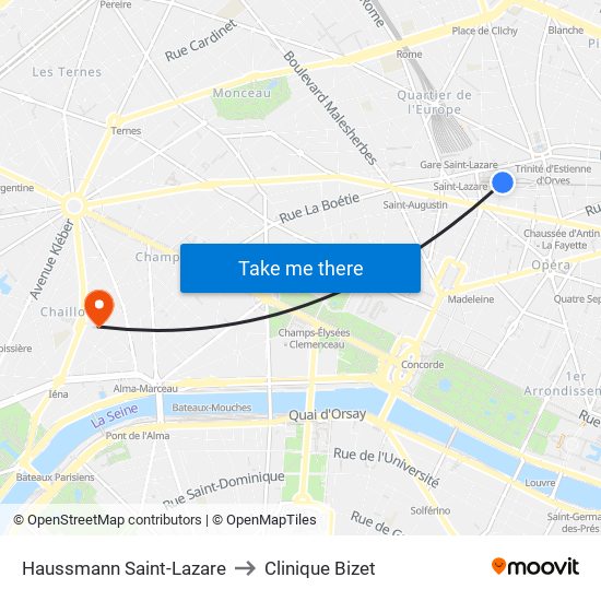 Haussmann Saint-Lazare to Clinique Bizet map