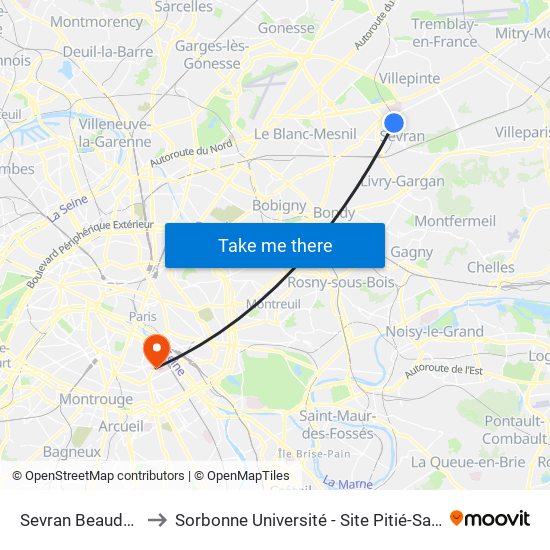 Sevran Beaudottes to Sorbonne Université - Site Pitié-Salpétrière map