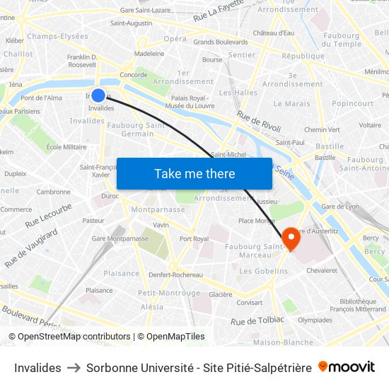 Invalides to Sorbonne Université - Site Pitié-Salpétrière map