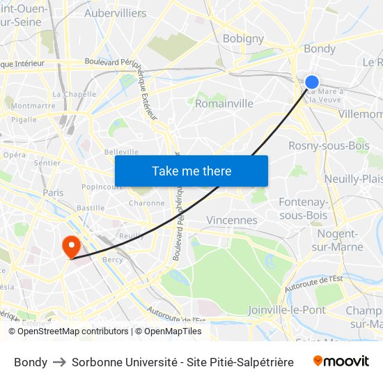 Bondy to Sorbonne Université - Site Pitié-Salpétrière map