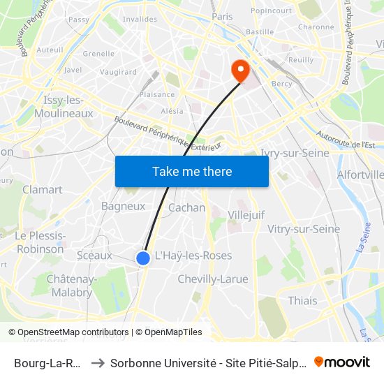 Bourg-La-Reine to Sorbonne Université - Site Pitié-Salpétrière map