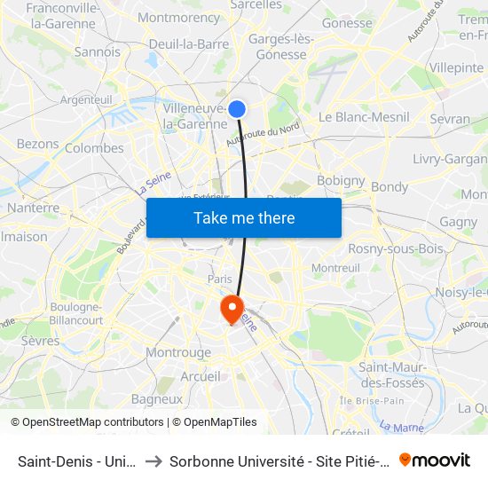 Saint-Denis - Université to Sorbonne Université - Site Pitié-Salpétrière map