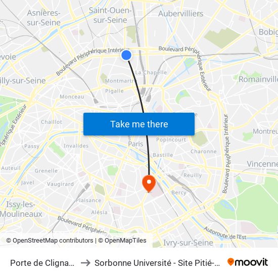 Porte de Clignancourt to Sorbonne Université - Site Pitié-Salpétrière map