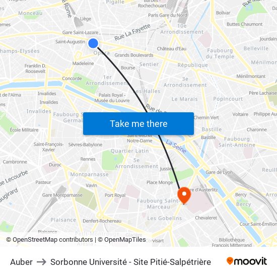Auber to Sorbonne Université - Site Pitié-Salpétrière map