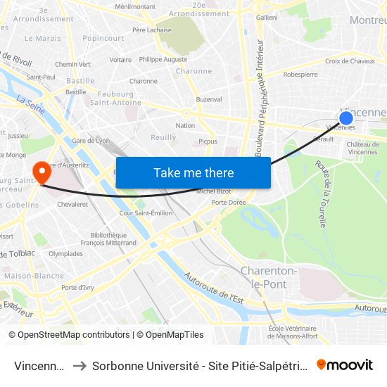 Vincennes to Sorbonne Université - Site Pitié-Salpétrière map