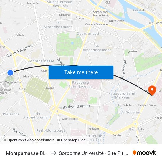 Montparnasse-Bienvenue to Sorbonne Université - Site Pitié-Salpétrière map