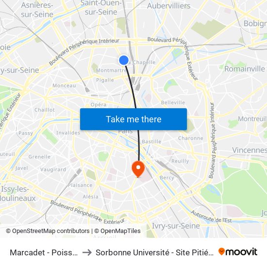 Marcadet - Poissonniers to Sorbonne Université - Site Pitié-Salpétrière map