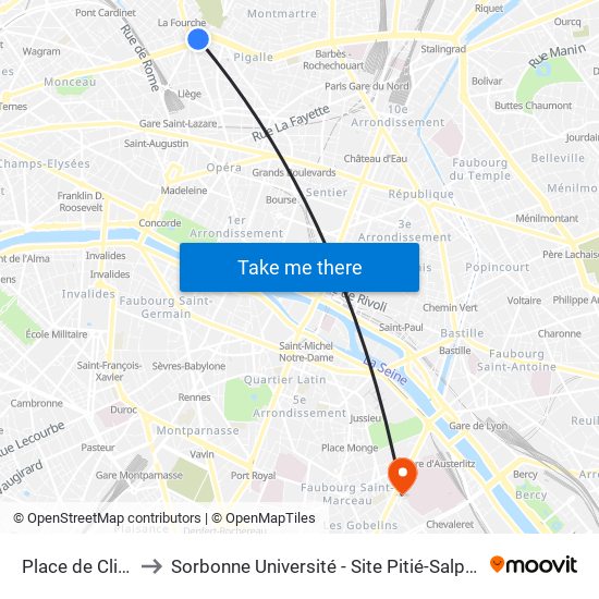 Place de Clichy to Sorbonne Université - Site Pitié-Salpétrière map