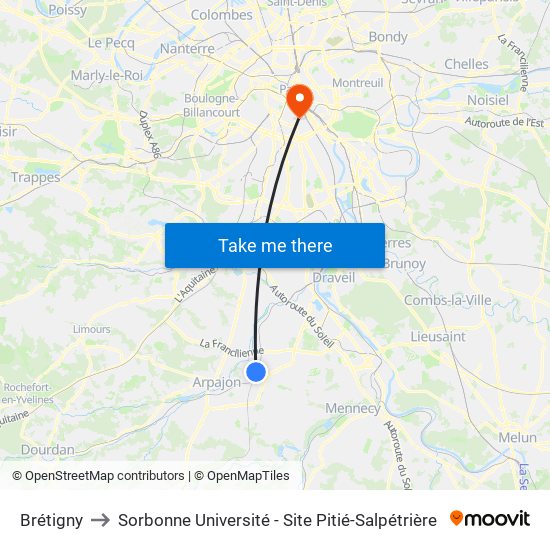 Brétigny to Sorbonne Université - Site Pitié-Salpétrière map
