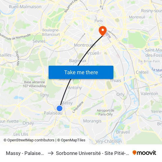 Massy - Palaiseau RER to Sorbonne Université - Site Pitié-Salpétrière map