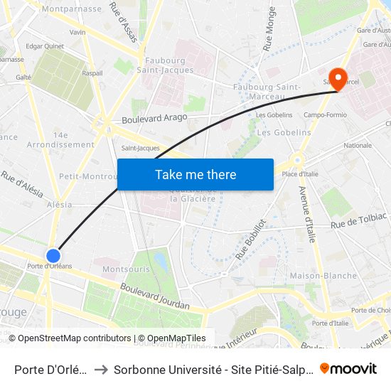 Porte D'Orléans to Sorbonne Université - Site Pitié-Salpétrière map
