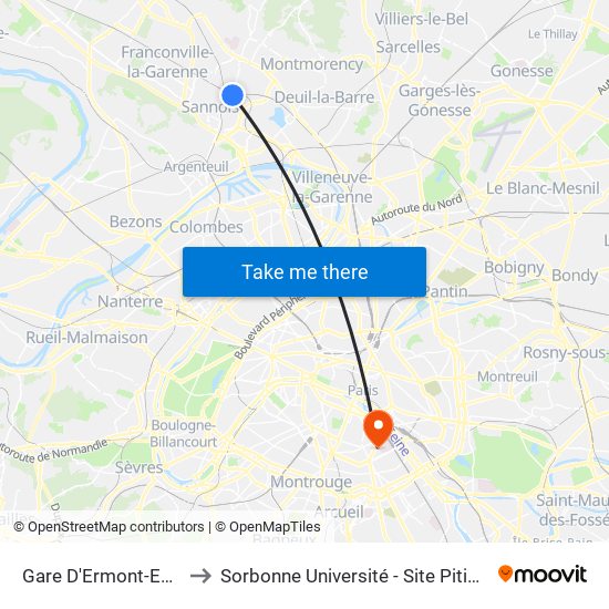 Gare D'Ermont-Eaubonne to Sorbonne Université - Site Pitié-Salpétrière map