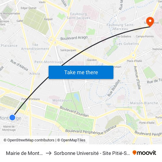Mairie de Montrouge to Sorbonne Université - Site Pitié-Salpétrière map