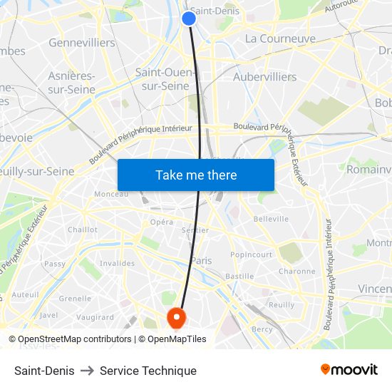 Saint-Denis to Service Technique map