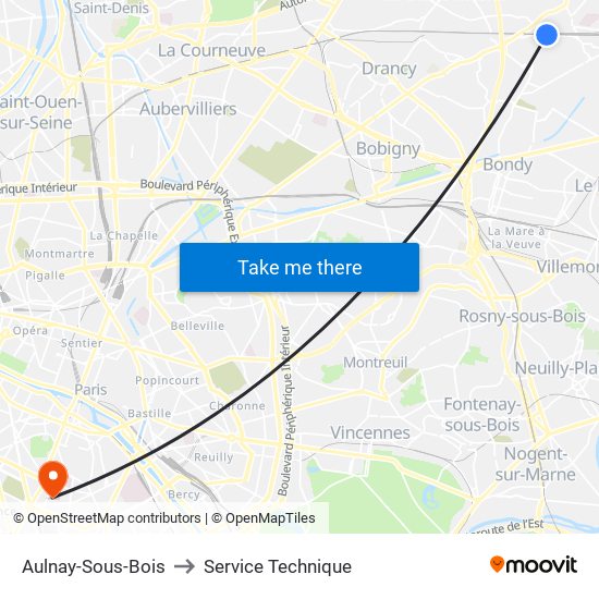 Aulnay-Sous-Bois to Service Technique map