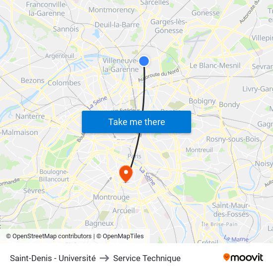 Saint-Denis - Université to Service Technique map