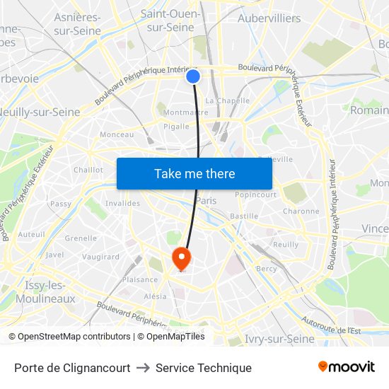 Porte de Clignancourt to Service Technique map