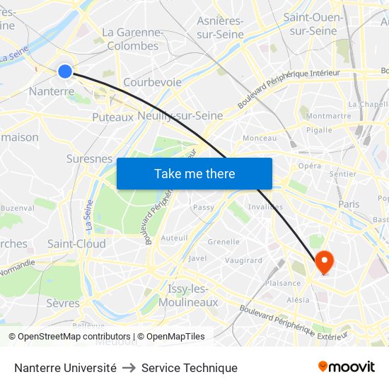 Nanterre Université to Service Technique map