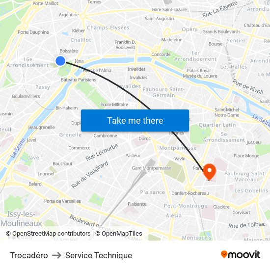 Trocadéro to Service Technique map