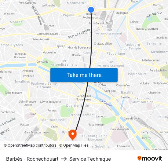 Barbès - Rochechouart to Service Technique map
